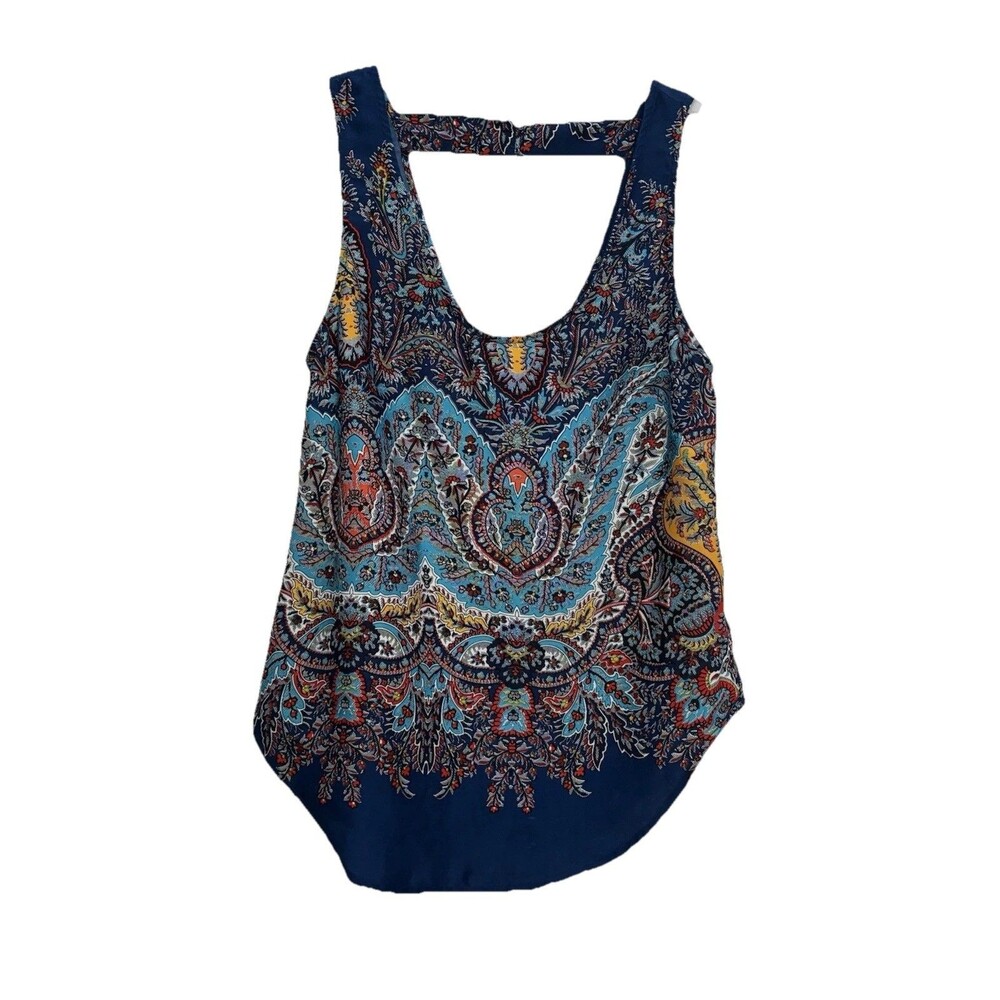 Fun 2 Fun Blouse Womens sz XS Tank Top Gold Blue Paisley Lightweight
